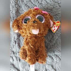 Ty Beanie Boo Maddie Brown Plush Puppy with Pink Sparkly Eyes and Pink Bow